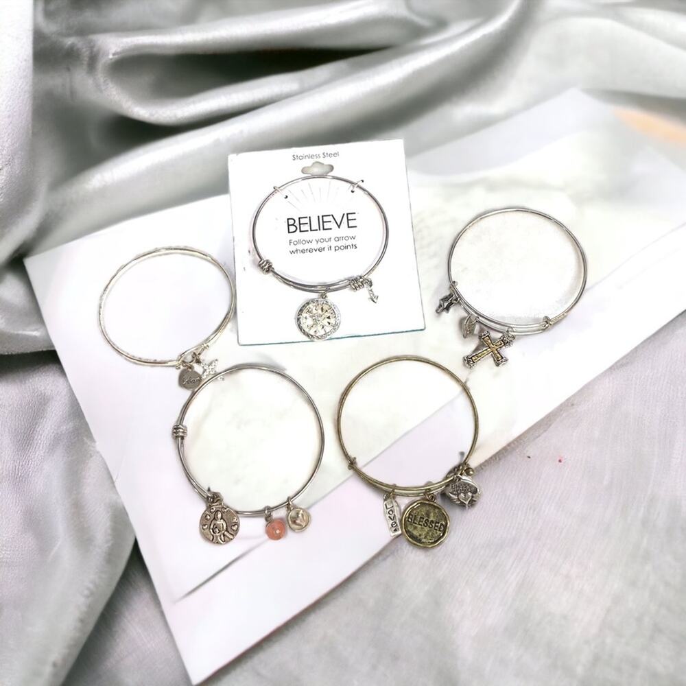 Bundle of 5 adjustable bangle bracelets inspirational religious charms beaded